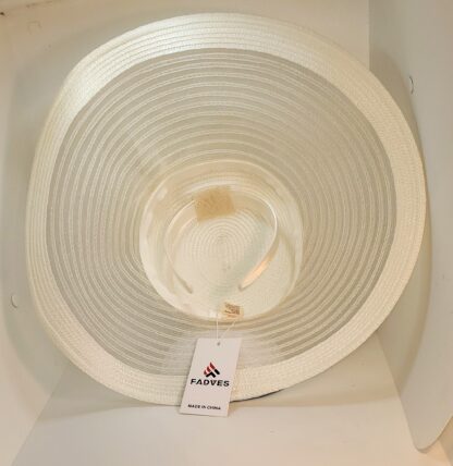 Fadiva cream colored widebrim hat underside view of adjustable head band, so youcan angle hat as you choose.