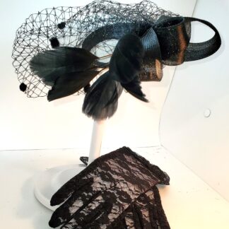 Fascinators black hat. with clip and black lace gloves.