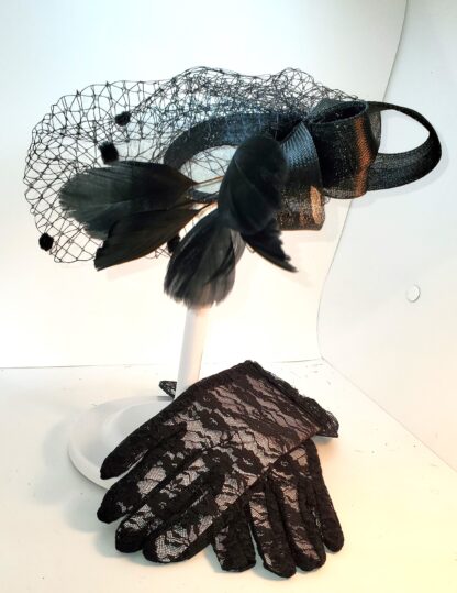 Fascinators black hat. with clip and black lace gloves.